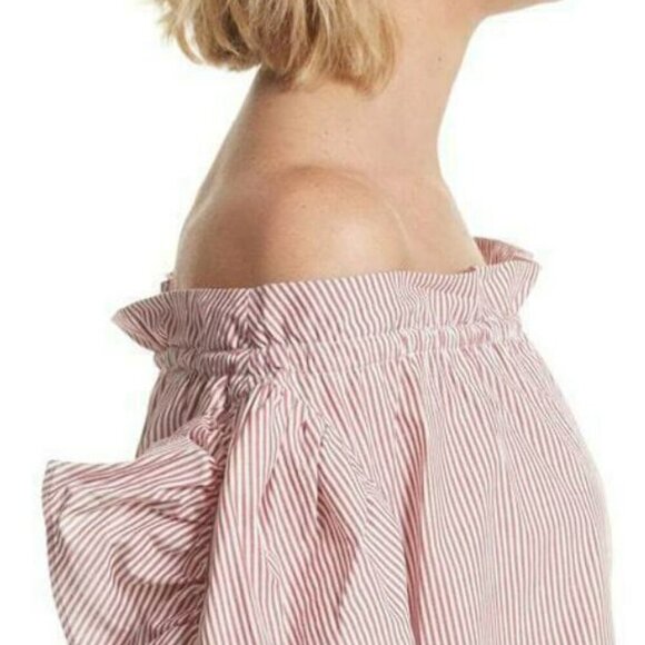 Robert Rodriguez Ruffle Stripe Cotton Shirt Womens Small Red Off Shoulder Light - Picture 5 of 9
